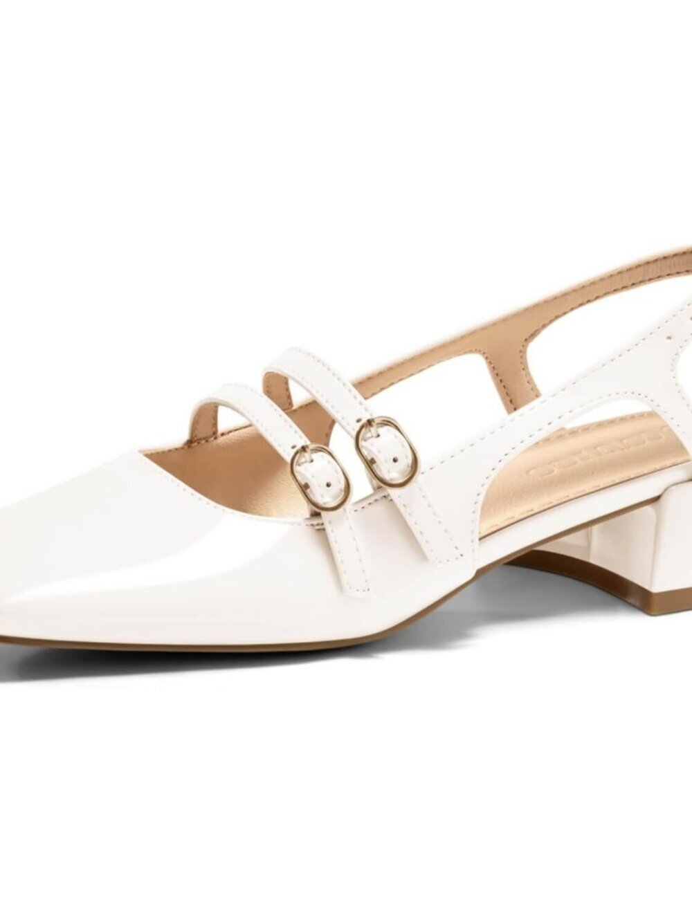 Women's Mary Jane Chunky Low Heels White Slingback Pumps Closed Square Toe